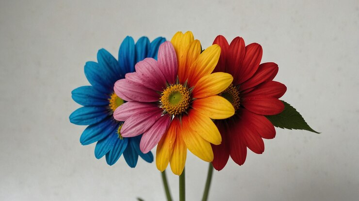 un jarrón de flores colorido con una flor púrpura amarilla y roja