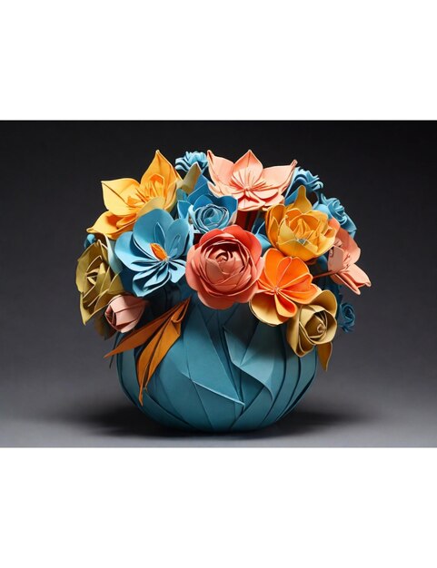 Un jarrón de flores creado por el arte del origami