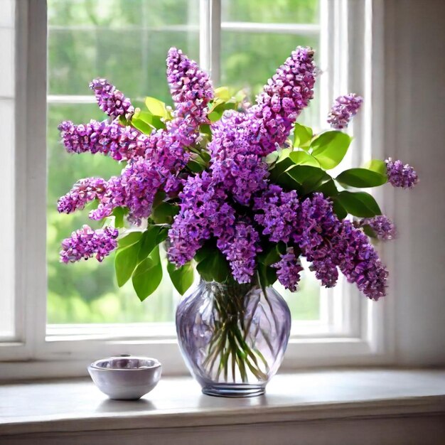 Foto un jarrón de flores con un cuenco de azúcar en el umbral de la ventana