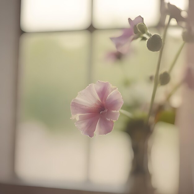 Foto un jarrón con flores delante de una ventana con vistas al exterior