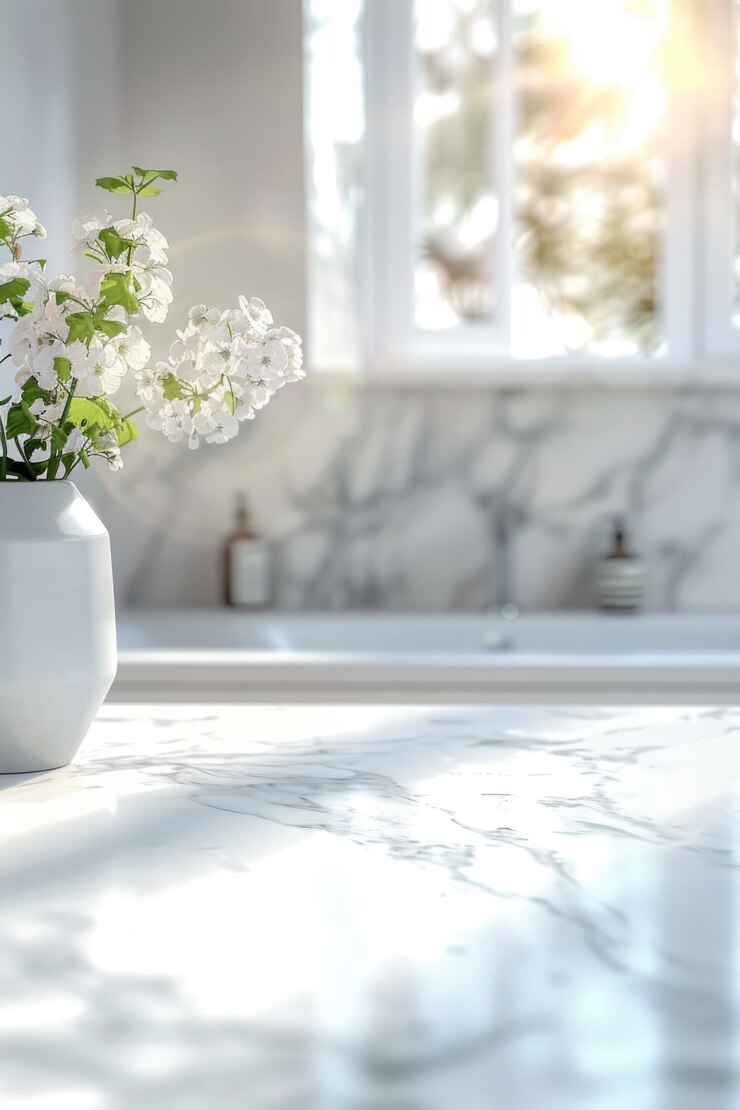 Un jarrón de flores se encuentra en la parte superior de un mostrador ideal para decoración del hogar o uso comercial