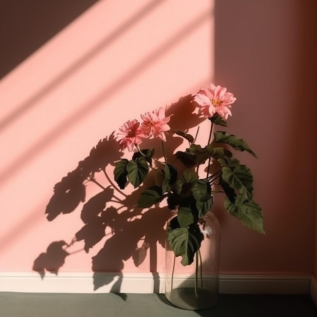 Un jarrón de flores está frente a una pared rosa.