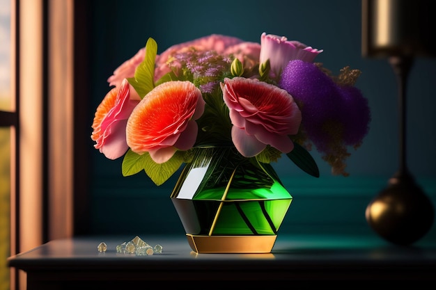 Un jarrón de flores está sobre una mesa con un anillo de diamantes.