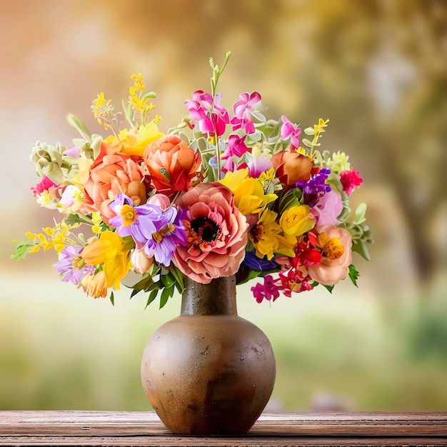 Un jarrón de flores está sobre una mesa con un fondo borroso.