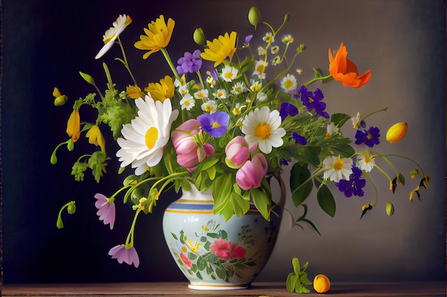 Un jarrón de flores está sobre una mesa con una hoja verde.