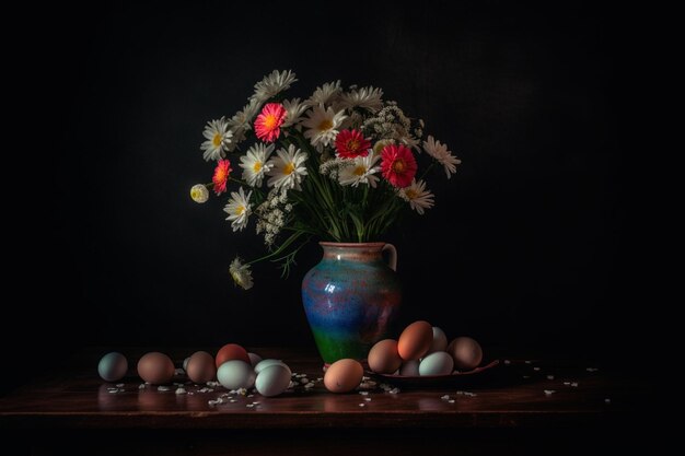 Un jarrón de flores está sobre una mesa con huevos y flores.