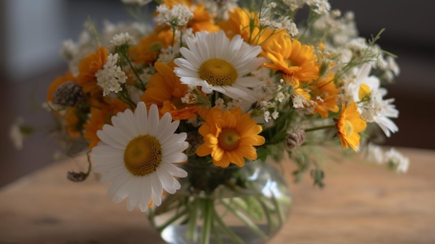 Un jarrón de flores está sobre una mesa con un ramo de flores.