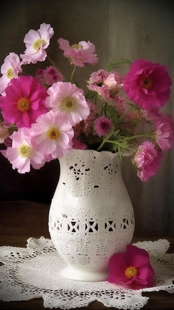 Un jarrón de flores está sobre una mesa con un tapete de encaje.