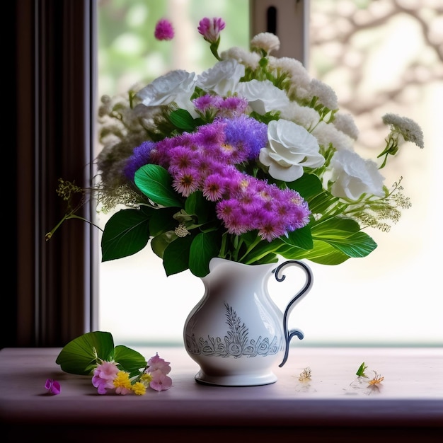 Un jarrón con flores está sobre una mesa con una ventana detrás.