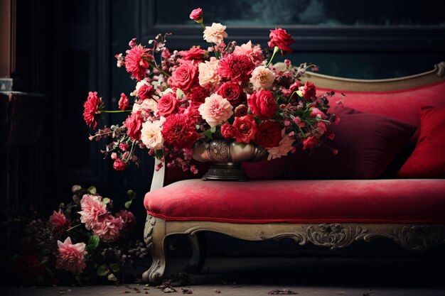 Un jarrón de flores de estilo chic en un sofá vintage