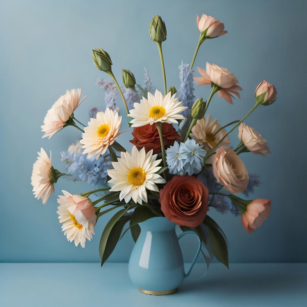 Un jarrón de flores con un fondo azul con una flor rosa y blanca en él.