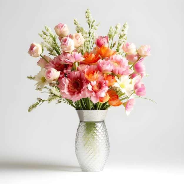 Un jarrón de flores con un fondo blanco y una flor rosa y naranja.