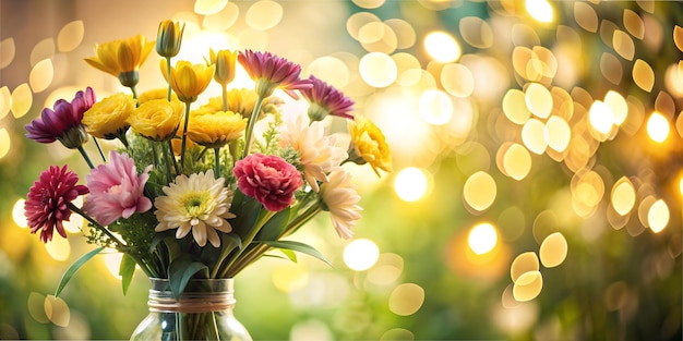 un jarrón con flores y un fondo borroso con luces en el fondo Feriadelas Flores