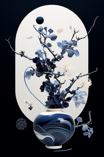 un jarrón con flores y una imagen de un jarrón con las palabras "azul y blanco"