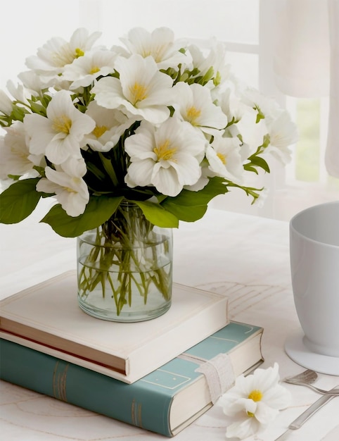 Foto un jarrón con flores y libros en una mesa