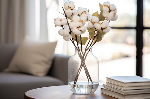 Un jarrón con flores y libros sobre una mesa.