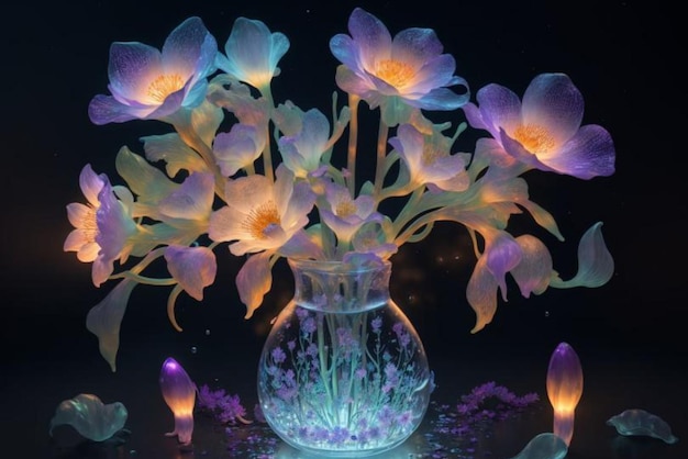 Un jarrón con flores y luces en el interior y una luz brillante en el interior.