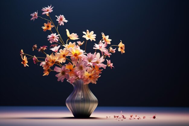 Un jarrón con flores y una luz de fondo