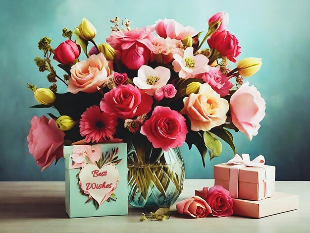 un jarrón con flores con los mejores deseos