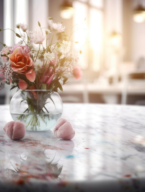 Un jarrón de flores en una mesa con una flor rosa en ella