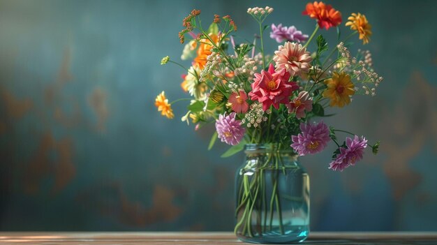 un jarrón con flores en una mesa y un fondo azul