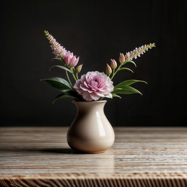 Foto un jarrón con flores en una mesa y un fondo negro