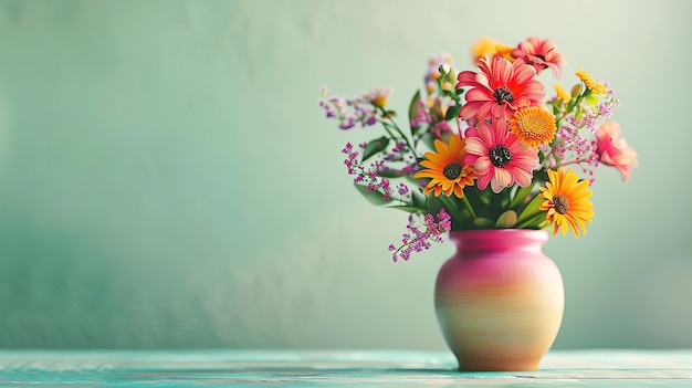 un jarrón con flores en una mesa y un fondo verde