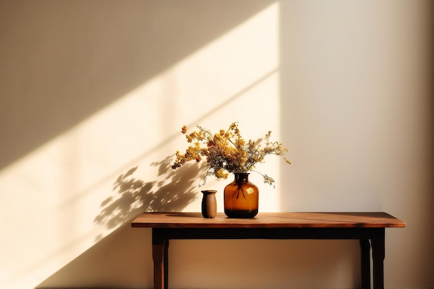 Un jarrón con flores y una mesa de madera frente a una pared blanca
