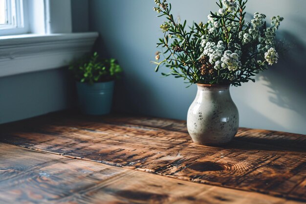 Foto un jarrón de flores en una mesa de madera ia generativa