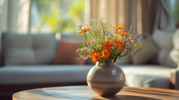 un jarrón con flores en una mesa en una sala de estar