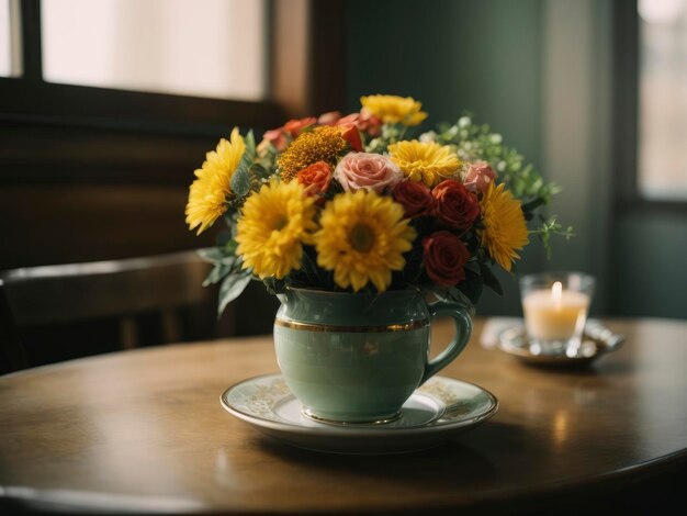 un jarrón de flores en una mesa con una vela en el fondo