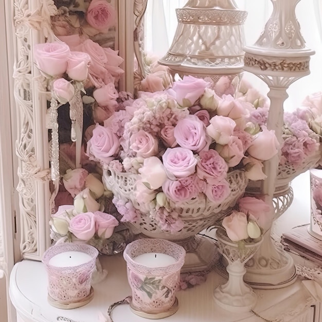 un jarrón de flores en una mesa con velas