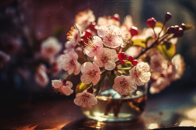 Un jarrón de flores con la palabra cereza