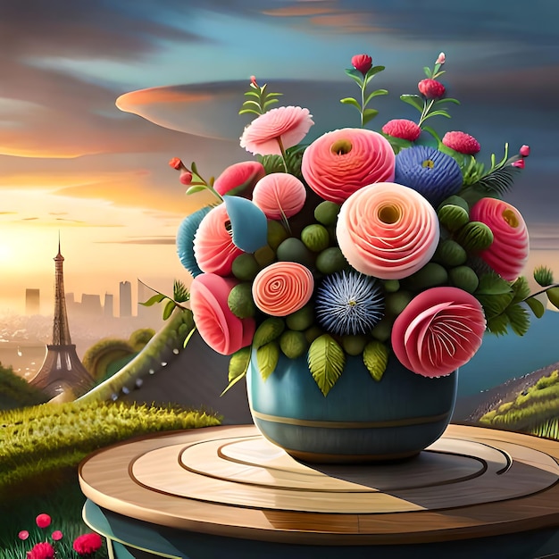 un jarrón de flores con la palabra tulipán en la parte superior