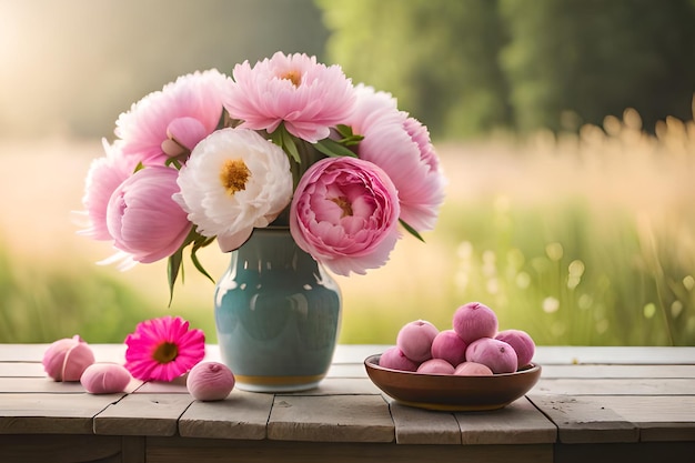 Un jarrón de flores y un plato de flores rosas sobre una mesa de madera