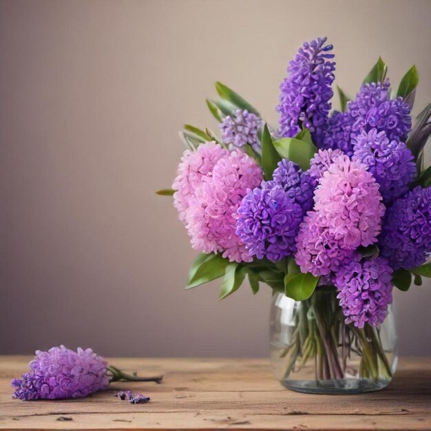 un jarrón de flores púrpuras en una mesa con una flor púrpura en el medio