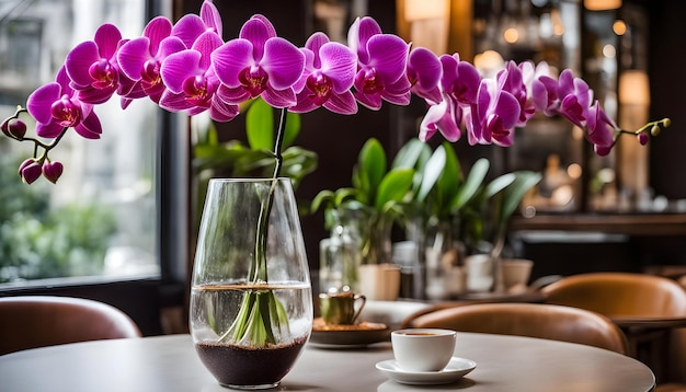 Foto un jarrón con flores púrpuras en una mesa y un jarón con una flor en ella