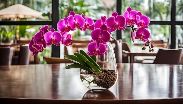 un jarrón con flores púrpuras en una mesa y una ventana detrás de ella