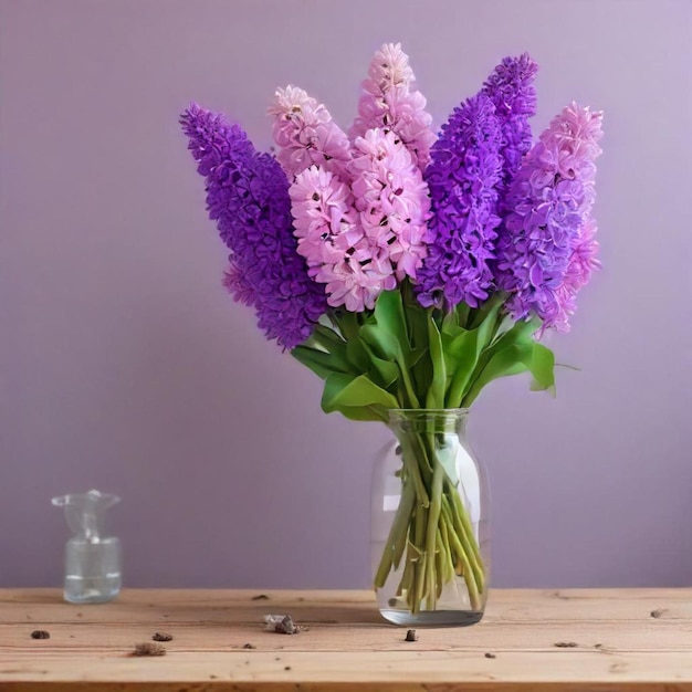 un jarrón de flores púrpuras se sienta en una mesa con un fondo púrpura