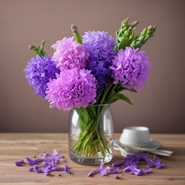 un jarrón de flores púrpuras con una taza de café en una mesa