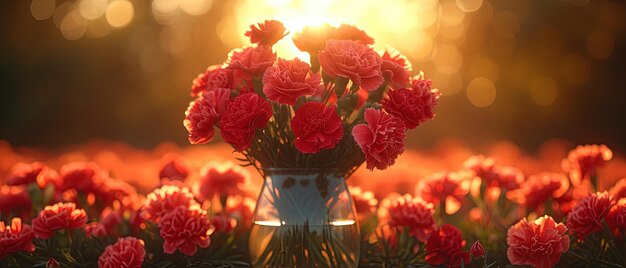 un jarrón de flores rojas en un campo de flores rojos