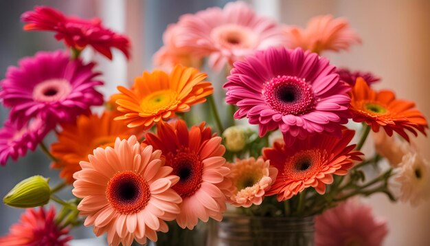 un jarrón de flores con uno rosa y naranja