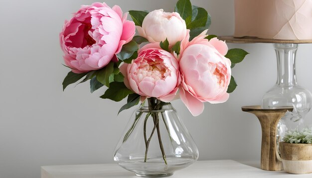 un jarrón con flores rosas y hojas verdes en una mesa