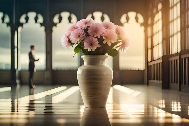 Foto un jarrón con flores rosas y un hombre caminando en el fondo