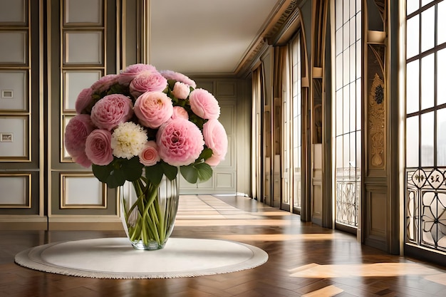 Un jarrón con flores rosas se sienta sobre una mesa redonda en una habitación con piso de madera.