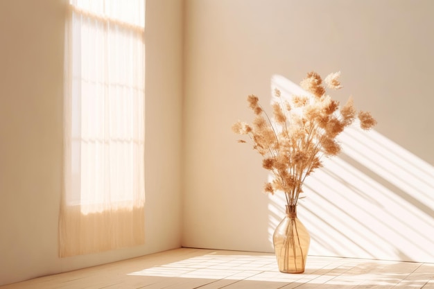 Un jarrón de flores secas se asienta sobre un suelo de madera blanca frente a una ventana.