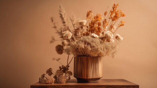 Un jarrón con flores secas sobre una mesa