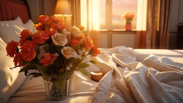 Foto un jarrón de flores se sienta en una cama con una manta en él