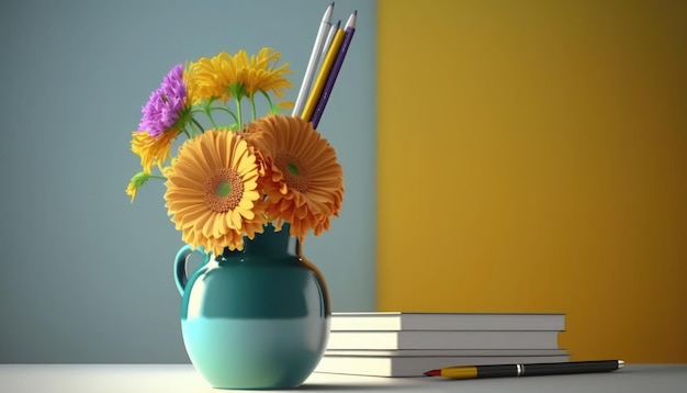 Un jarrón de flores se sienta en un escritorio al lado de los libros.
