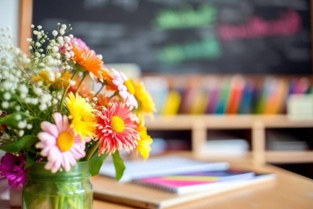 Un jarrón de flores se sienta en un escritorio frente a una pizarra con la palabra escuela.